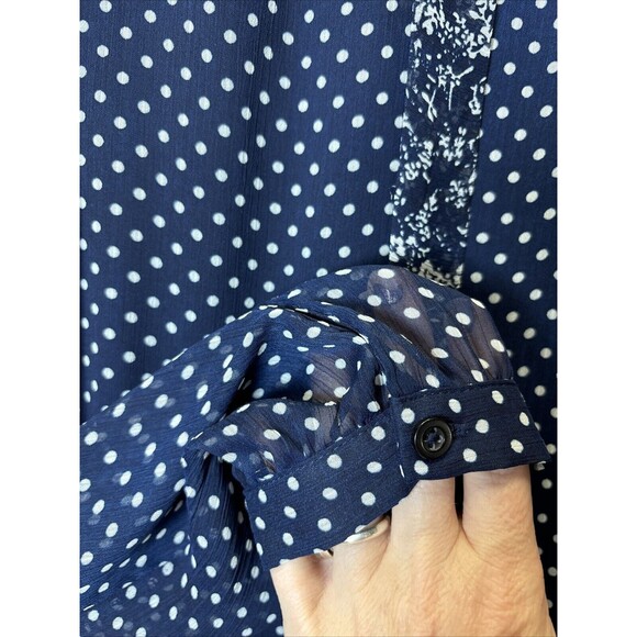 Anthropologie Dress 11 1 Tylho Isla‎ Polka Dot Floral Navy Sheer Tie Neck Mod - Picture 11 of 13